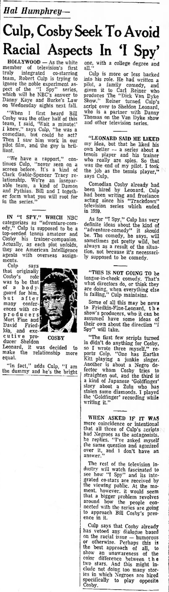 Culp, Cosby Seek to Avoid Racial Aspects in "I Spy" - May 17, 1965
